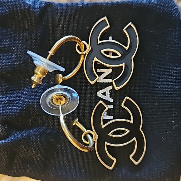 CHANEL Jewelry - CHANEL Gold Black CC Logo Earrings